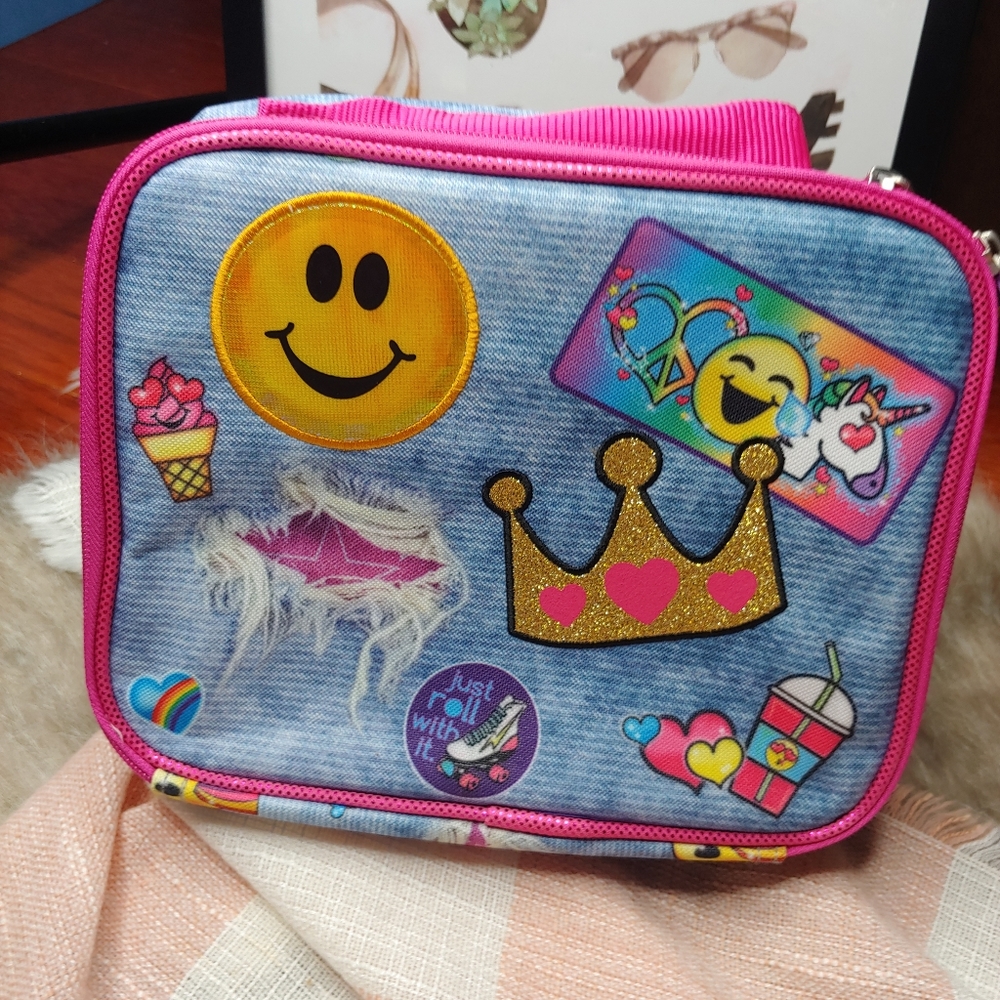 NEW kids girls distressed printed "ripped" denim emoji lunch box insulated girly